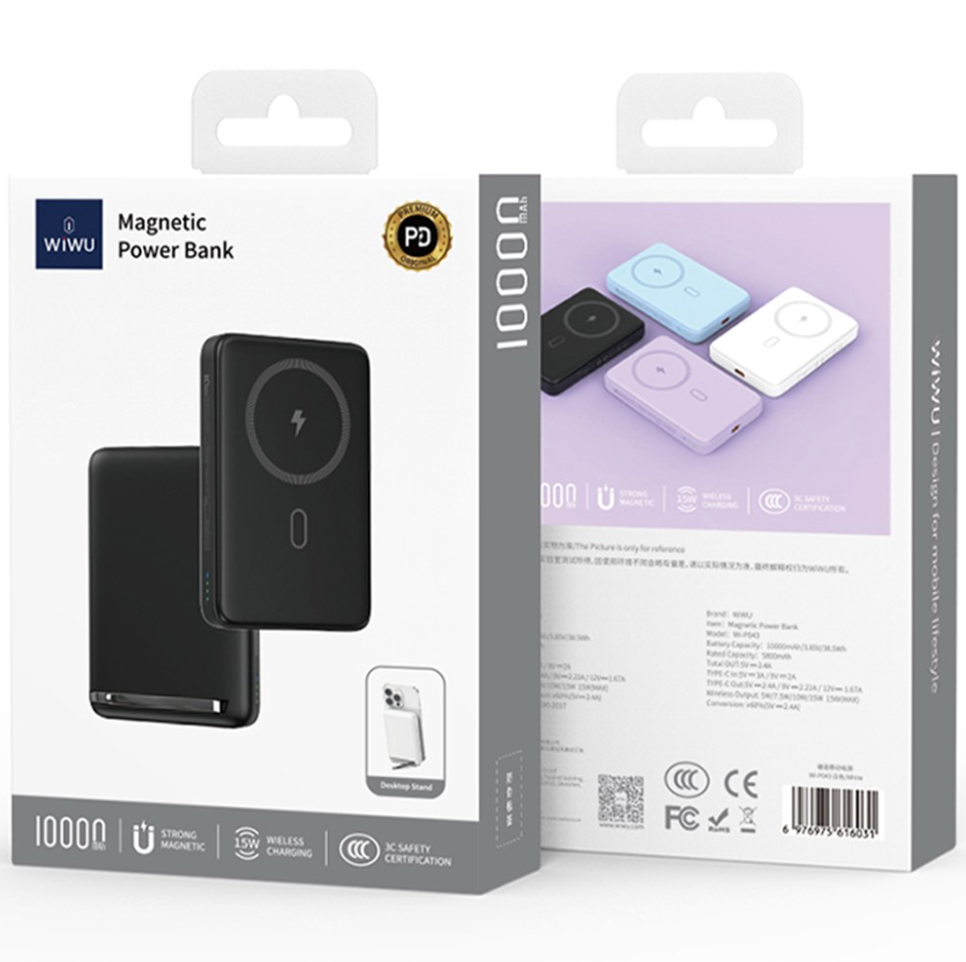 WiWu 10000mAh Magnetic Power Bank P043 Black Fast Wireless Portable Charger for iPhone & MagSafe